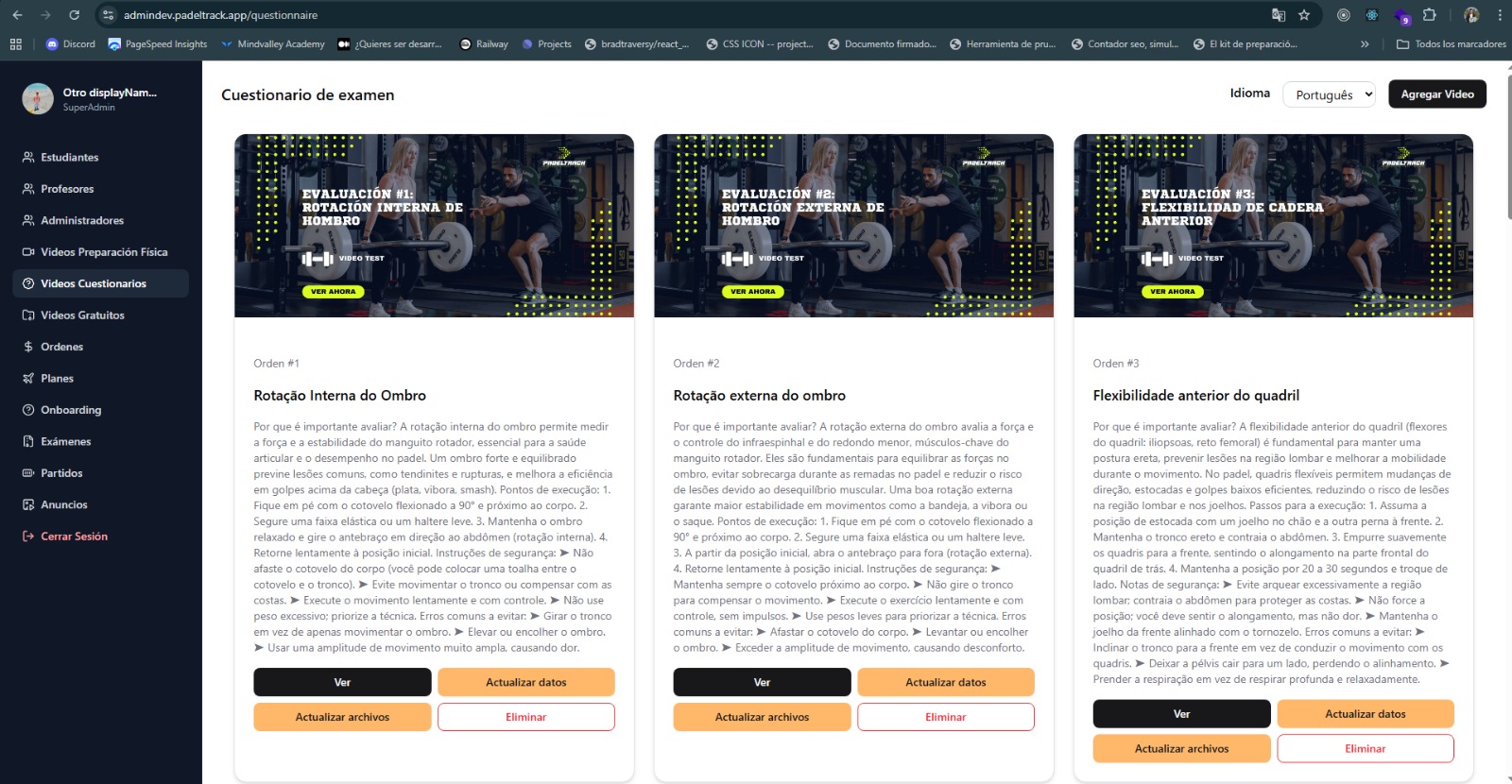 Dashboard Padel Track: videos cuestionario